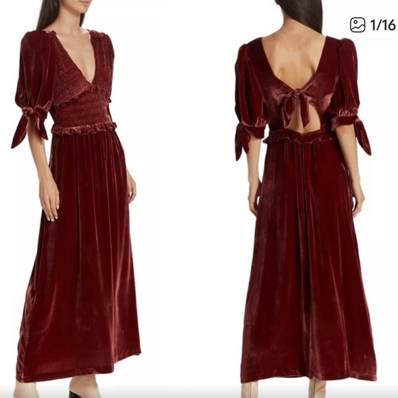 Sea New York Dresses & Skirts - SEA New York Maude Velvet puff sleeve smocked dress burgundy - small